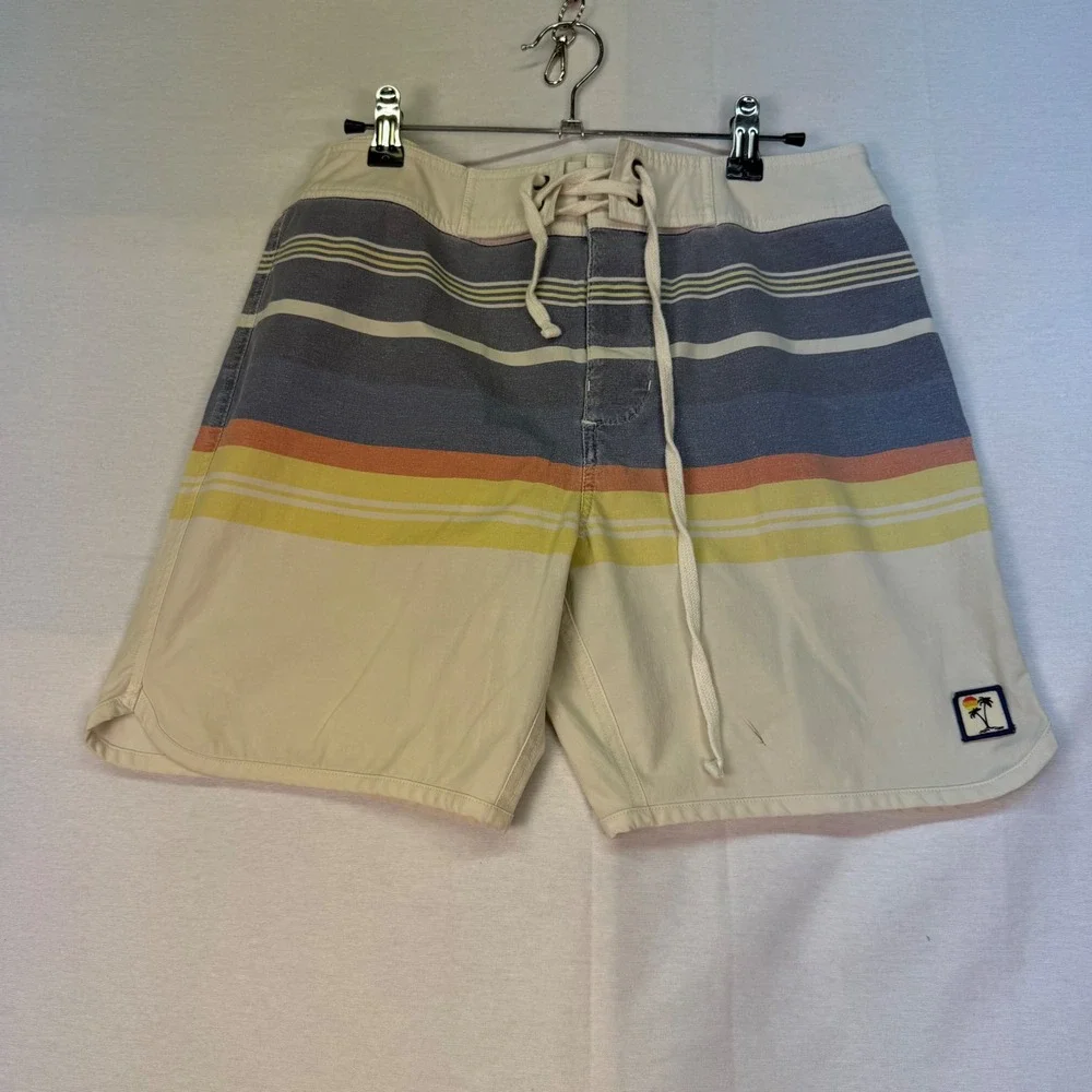 Marine Layer Mens Retro Striped Board Shorts Cream Blue Yellow Size 30